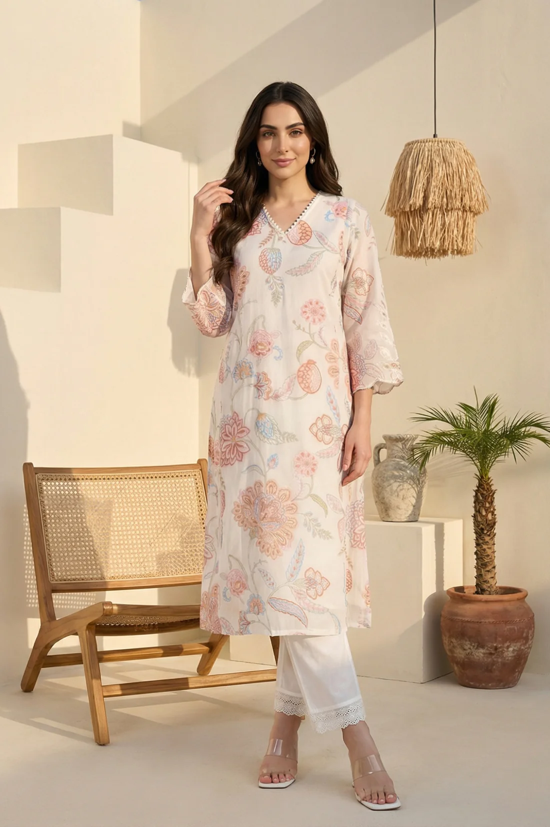 Off White Schiffli Embroidered Floral Straight Kurta